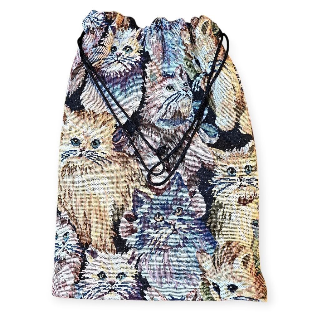Vintage Cat Cottagecore Drawstring Bag – Tapestry EUC 🐱🌸✨